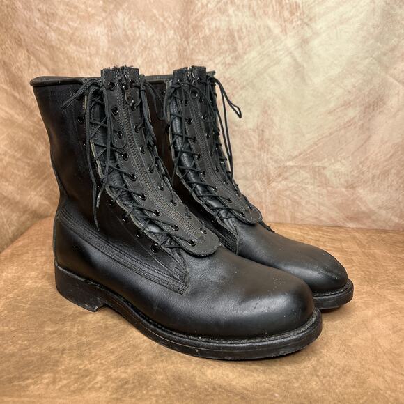 Vintage Y2K Addison Shoe Company Black Leather Double Lace Up Combat Boots Punk - Picture 1 of 12